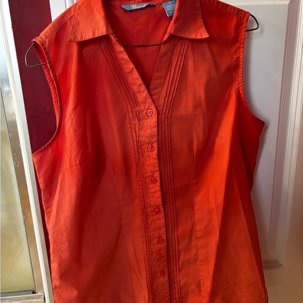 Orange Sleeveless Notched Collar Button Down Shirt